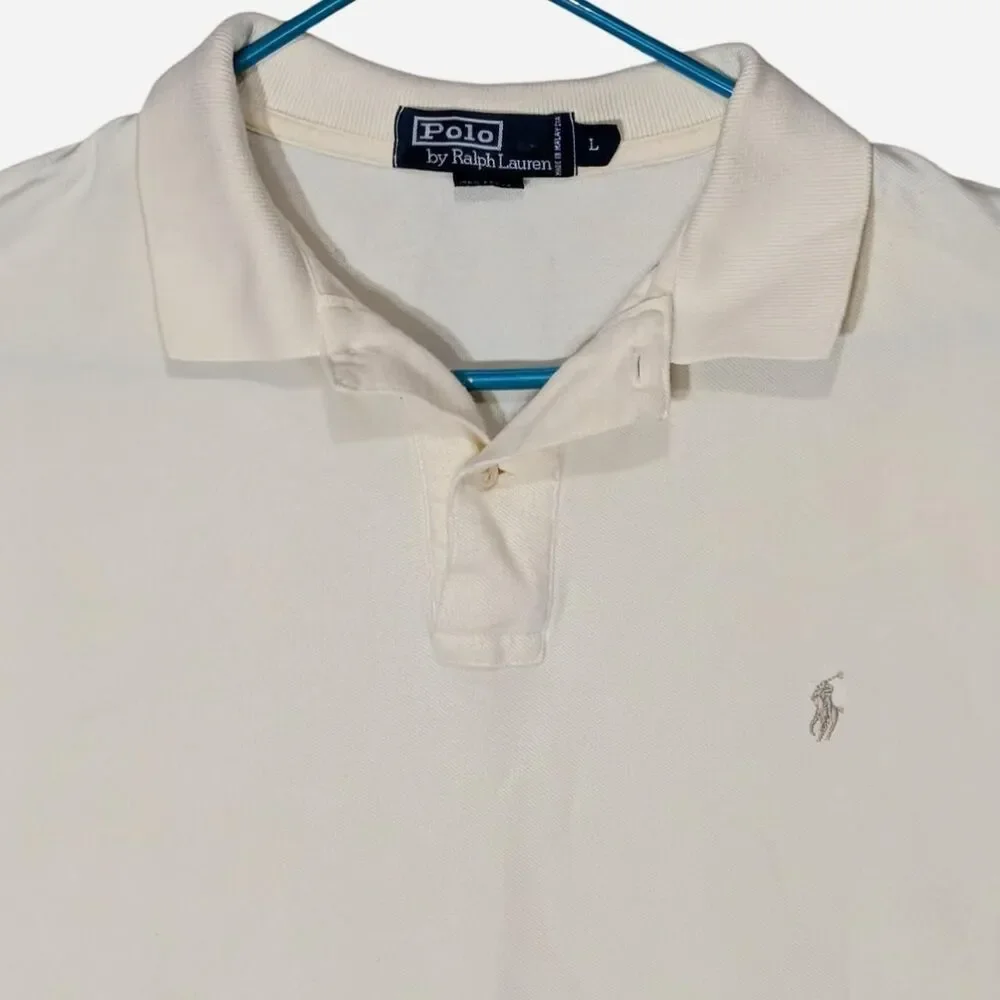 VTG Polo Ralph Lauren Men Large Cream Polo Shirt Cotton Short Sleeve Silver Pony